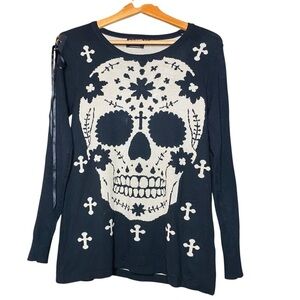 Banned Apparel Mexican Sugar Skull/Cross Knit Sweater,Lace-up Corset Sleeve-SZ-S